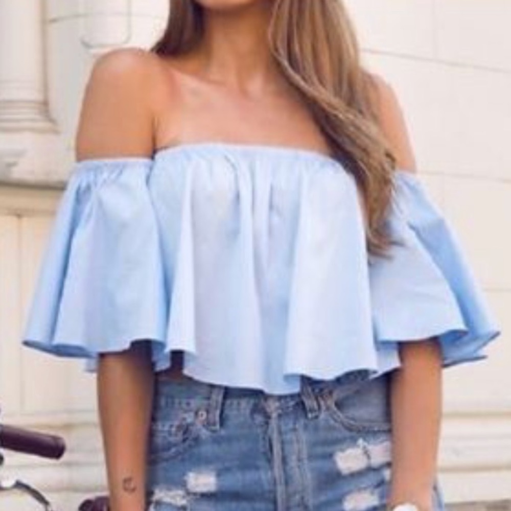 baby blue flowy off the shoulder crop top
